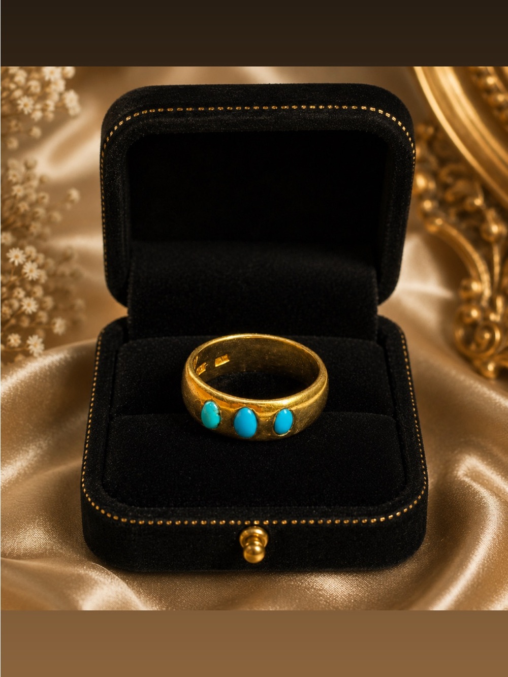 Antique 18ct Yellow Gold Turquoise Trilogy Band Ring, 8.73g, Size 8.5